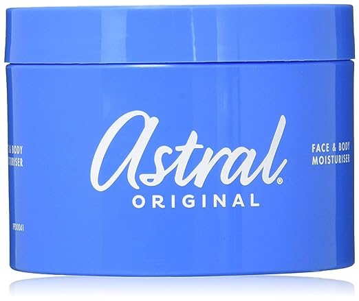 A blue container with Astral Original Moisturiser Cream in white text is ideal for skin hydration, keeping its hypoallergenic formula fresh.