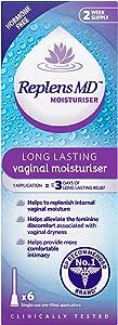 Replens MD Vaginal Moisturizer (6-Pack) provides relief for vaginal dryness with a non-hormonal, clinically tested formula in purple and blue packaging, offering a two-week supply to alleviate discomfort.