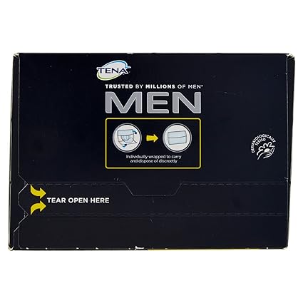 The packaging for Tena Men Absorbent Level 2 Protector (10 Count) features discreet protection illustrations, text stating Trusted by millions of men, instructions to Tear open here, and a circular note on biodegradable packaging, specially designed for light bladder weakness.