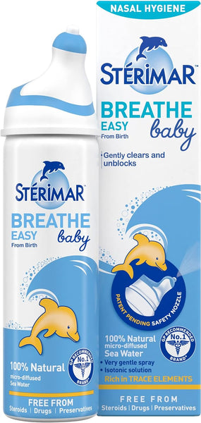 The Sterimar Baby Nasal Hygiene Spray (0-3 Years, 50ml) packaging features a dolphin illustration. Its a 100% natural sea water spray designed to gently clean and unblock infant noses, free from steroids, drugs, and preservatives.