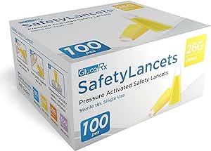 A box of GlucoRx Safety Lancets contains 100 pieces, featuring Pressure Activated Safety Lancets with a 26G, 1.8mm needle, ideal for diabetes management and blood glucose monitoring. The packaging is white and yellow and includes detailed product images.