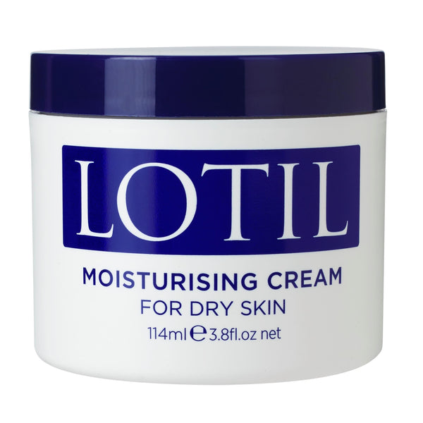 The 114ml Lotil Cream for Dry Skin by LOTIL, featuring a white container and dark blue lid, provides effective dry skin relief. The label states: Lotil Original Cream for Dry Skin, 114ml e 3.8 fl. oz net.