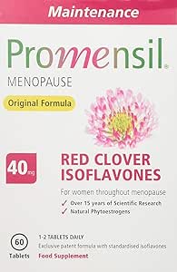 Image of Promensil Menopause Original Formula box highlighting 40mg red clover isoflavones. This food supplement supports bone and heart health during menopause, containing 30 tablets per box.