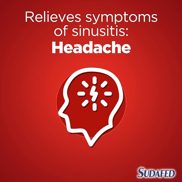 Red background with Sudafed Sinus Max Strength (16 Capsules) relieve sinusitis symptoms: Headache. Illustration of a head with lightning bolt and rays inside. Sudafed logo in the bottom right corner.