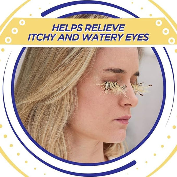 A blonde-haired person closes their eyes with flowers on the lashes, surrounded by circular designs. At the top, text says, HELPS RELIEVE ITCHY AND WATERY EYES, due to sodium cromoglicate in Optrex Allergy & Hayfever Eye Drops (10ml) for effective allergy relief.