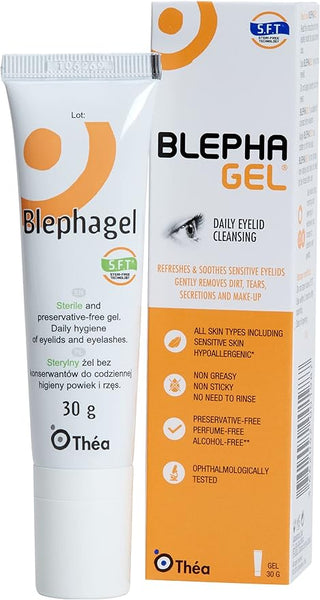 Image of Thea Blephagel Preservative Free Gel (30g), an ophthalmologist-tested hypoallergenic gel ideal for daily eyelid and lash hygiene. Its perfect for sensitive eyes, effectively removes makeup, and requires no rinsing, as shown by the tube and box.