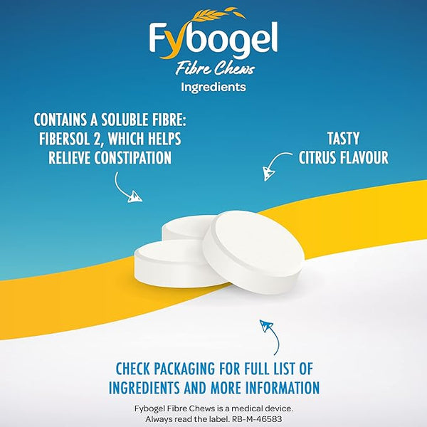 Fybogel Chews 30s Citrus packaging displays three white tablets labeled Contains Fibersol 2, helps relieve constipation. Enjoy their citrus taste and dietary fiber for digestive health. Check packaging for ingredients and more information.