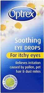 Optrex Soothing Eye Drops for Itchy Eyes (10ml) offer soothing relief from irritation due to pollen, pet hair, and dust mites. Features natural plant extracts. Comes in blue and yellow packaging adorned with yellow flowers.