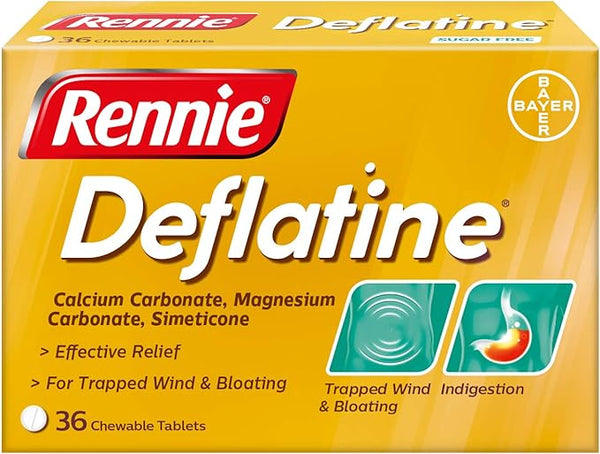 The image displays Rennie Deflatine Trapped Wind & Bloatedness Relief, featuring 36 sugar-free chewable tablets made with Calcium Carbonate, Magnesium Carbonate, and Simeticone to effectively ease trapped wind, bloating, and indigestion.