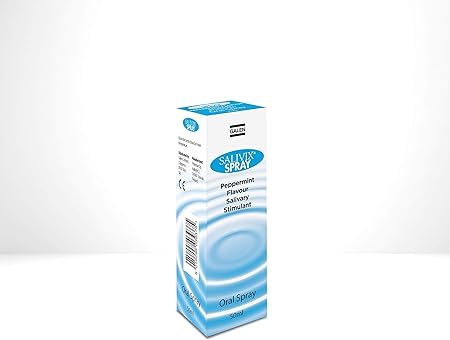 Salivix Spray Relief Of Dry Mouth 50m offers peppermint-flavored dry mouth relief by enhancing salivary flow. The mostly white box with blue elements highlights product details and branding, housing a handy 50ml spray bottle.