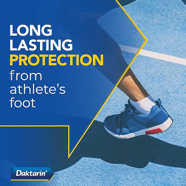 A person runs on a blue track in blue sneakers. Text on the left reads, Long lasting protection from athletes foot with powerful ketoconazole. The Daktarin logo appears at the bottom, highlighting Daktarin Intensiv Athletes Foot Cream (15g).