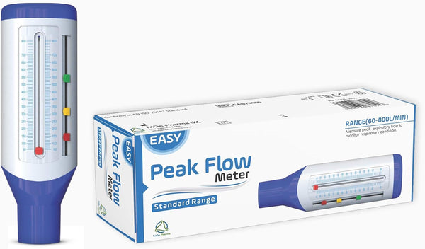 The Easy Peak Flow Meter Standard Range by TriOn Pharma, essential for managing asthma and respiratory health, features a blue handle and a clear tube with green, yellow, and red zones. The white box with blue accents displays an identical image of the meter.