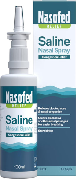 Image of Nasofed Saline Nasal Spray (0.9%, 100ml) with its box, highlighting benefits such as Relieves blocked nose, Clears, cleanses & soothes nasal passages, and promotes Easier breathing. Features a steroid-free formula ideal for cold and flu relief.