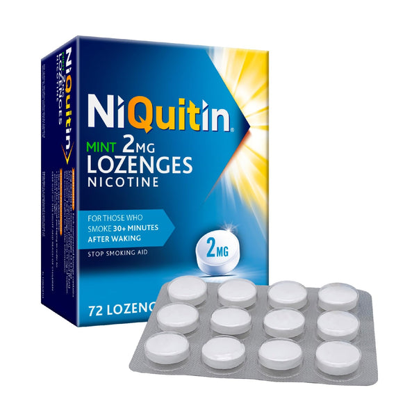 Niquitin Mint 2 Mg Lozenges come in a pack of 72, featuring therapeutic nicotine in blister packs of 12. Designed for smokers who light up over 30 minutes after waking, they help manage cravings as a stop smoking aid.