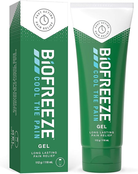 Biofreeze Pain Relieving Gel (118ml) from Biofreeze in a green box and tube, labeled Cool the Pain, offers fast-acting, long-lasting relief through cryotherapy inspiration.