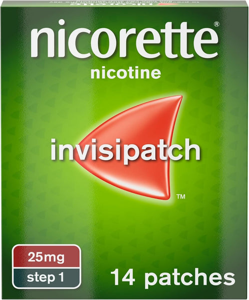 The Nicorette Step 1 Invisi 25mg Patch box displays a green background with a central red triangle design, stating nicotine 25mg step 1 and containing 14 patches.