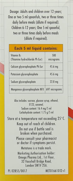 Close-up of a Metatone Tonic Original (300ml) label detailing dosage for adults, children over 12, and ages 6-12. Packed with Vitamin B1, calcium, and potassium to enhance health. Storage instructions included.