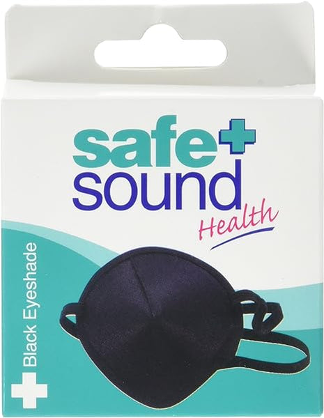 The packaging of the Safe & Sound Black Eye Shade features a sleek black eyeshade with an elastic headband. The white box has turquoise and purple text and a large image of the eyeshade on the front, while Black Eyeshade is printed vertically on the side for easy identification.