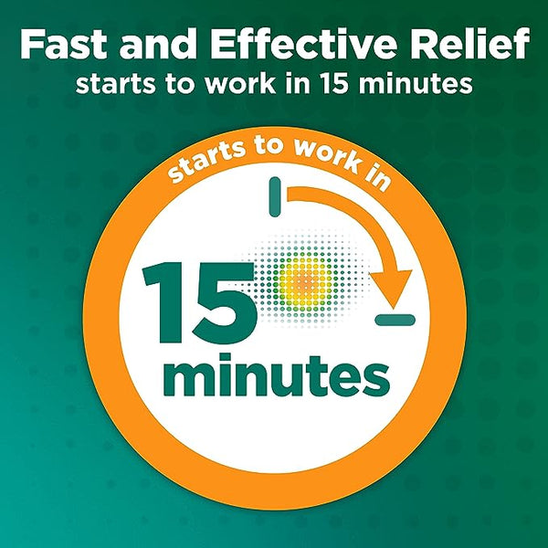 Graphic with text: Buscopan IBS Relief starts working in just 15 minutes. Central circle highlights 15 minutes with an arrow pointing to the text. Green gradient background with a circular pattern to emphasize fast abdominal pain relief.