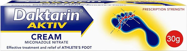 Daktarin Anti-Fungal Cream (30g) effectively treats fungal skin infections like athletes foot. The packaging features a blue foot with target marks and highlights its main ingredient, miconazole nitrate, emphasizing its prescription-strength efficacy.