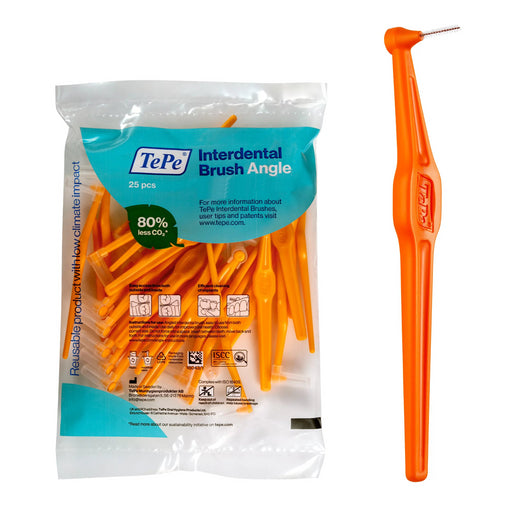 The TePe Interdental Brushes Angle - Orange (Pack of 25) have slim handles and small angled brushes for effective plaque removal between teeth. The packaging emphasizes low climate impact and certification logos, making it a trusted choice by dental experts.