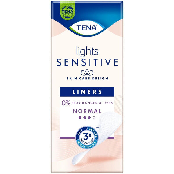 TENA Lights Incontinence Liners (24 pack) by Tena feature a blue and cream package design, highlight 0% fragrances and dyes for sensitive skin care, offer normal absorbency, and display an image of a white liner—ideal for managing light bladder leaks with comfortable incontinence protection.