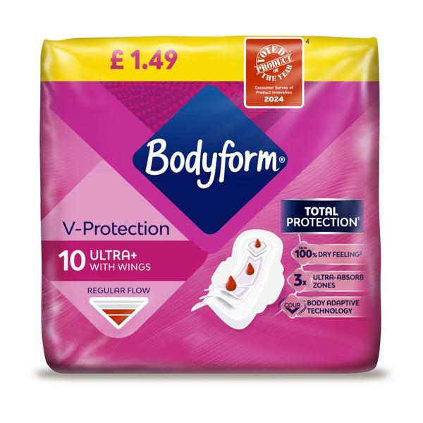 Bodyform Ultra with Wings (10 Pack) offers total protection and ultra-absorbent zones for regular flow, featuring Cour-V™ Adaptive Technology. The pack comes in pink and purple, priced at £1.49.