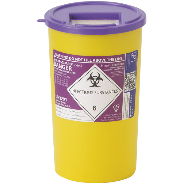 Meet the Sharpsguard (5L) Bin (Purple), a bright yellow healthcare container designed for medical sharps disposal. It features a biohazard symbol, danger warning, detailed instructions, UN3291 label, and a handy QR code.