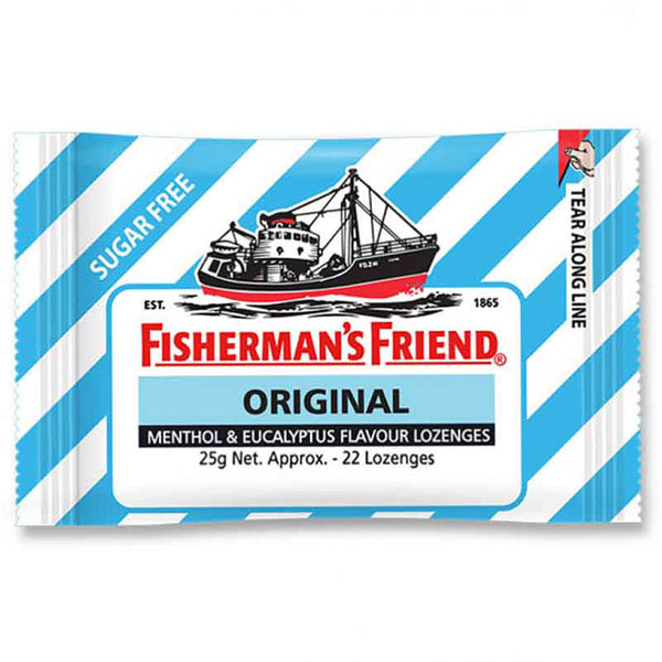 A 25g packet of Fishermans Friend Original Menthol Lozenges, offering sugar-free menthol cough relief, comes with about 22 lozenges per pack. Available in a value pack of 24.