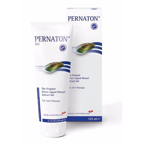 A 125ml tube and box of Pernaton Natural Cooling Gel by Pernaton, featuring blue accents and a mussel shell image; made in Switzerland with Green-lipped Mussel Extract for natural joint health massage.