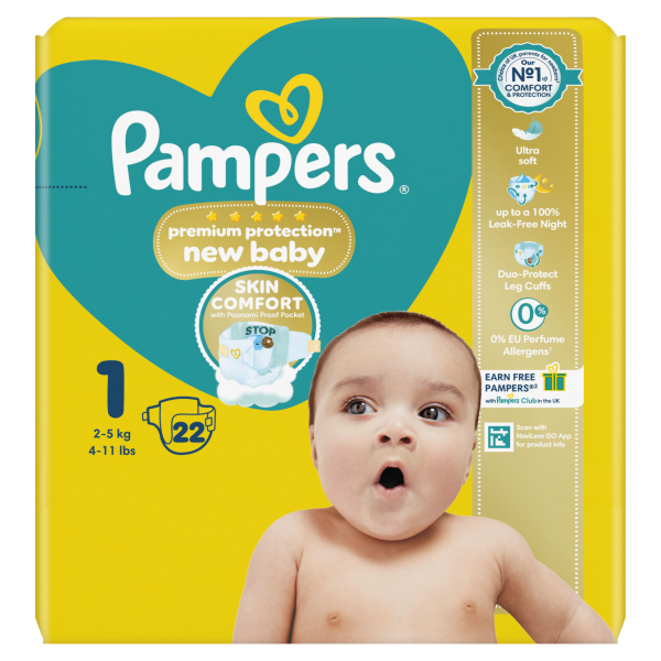 Pampers New Baby Carry Pack Nappies Size 1 (22 Nappies) by Pampers, suitable for babies weighing 2–5 kg. The packaging features a surprised baby on a yellow background, highlights Skin Comfort and Ultra Soft benefits, and displays a blue heart logo along with essential product information.