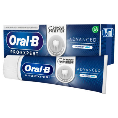 Oral-B’s Pro-Expert Advanced Extra White Toothpaste, in a 75ml tube and spearmint flavor, delivers 24-hour bacterial plaque prevention with highlighted whitening benefits.