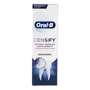 Image of the Oral-B Densify Gentle Whitening Toothpaste (75ML) box. The white and blue packaging promises to remineralize teeth, gently whiten, and rebuild tooth density. A tooth illustration with a protective shield emphasizes its enamel protection capabilities.