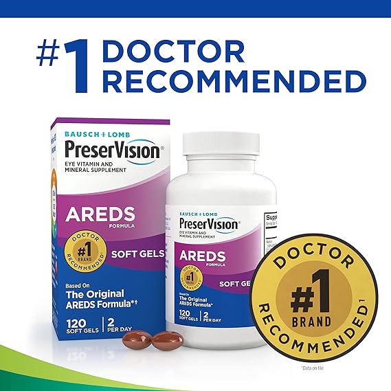 Image of Bausch & Lomb PreserVision by Bausch and Lomb, highlighted for eye health with #1 Doctor Recommended seal. A box and bottle are shown alongside two tablets. Text says, The Original AREDS Formula – a trusted antioxidant supplement.