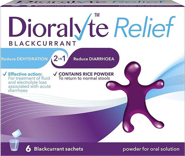 Dioralyte Relief Blackcurrant (6 Sachets) effectively treats dehydration and acute diarrhea, featuring a purple figure graphic. It highlights rice powder content to ensure efficient dehydration prevention.