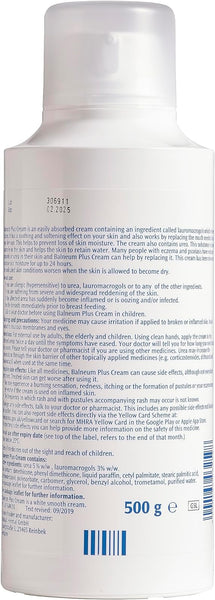 The Almirall Balneum Plus Cream (500g) features a white label detailing ingredients, usage, and safety. Designed to relieve dry, itchy skin and soothe eczema, it comes in a predominantly white bottle with blue accents.