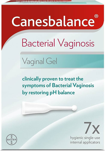 Canesbalance Bacterial Vaginosis Vaginal Gel (7 Applicators) supports pH balance and clinical efficacy. Box features the Canesbalance logo and an applicator image. Contains 7 single-use applicators and is a suitable alternative to vaginal pessaries.