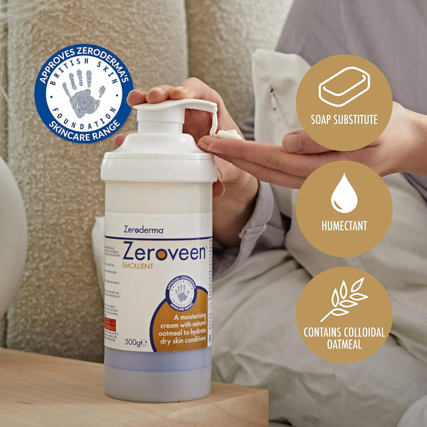 A person uses Zeroderma Zeroveen Emollient (500g) for dry, sensitive skin; this soap substitute and humectant, enriched with natural oatmeal, features skin foundation approval logos.