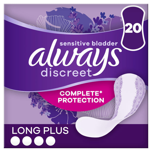 The Always Discreet-Long Plus Complete Protection (20s) package features a purple floral design, emphasizing Complete Protection for sensitive bladder needs and contains 20 incontinence liners for reliable coverage.