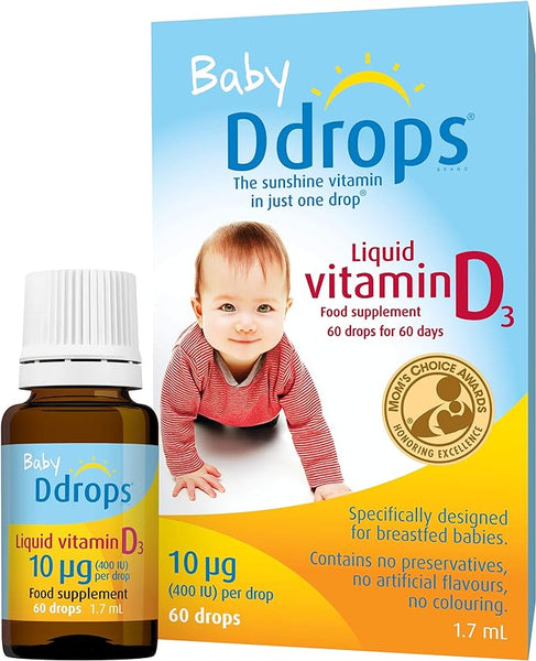 The image displays Baby D Vit D3 Solution by Baby D, a liquid vitamin D3 supplement perfect for breastfed babies. The packaging highlights 60 drops for 60 days with a smiling baby, ensuring no preservatives or coloring.