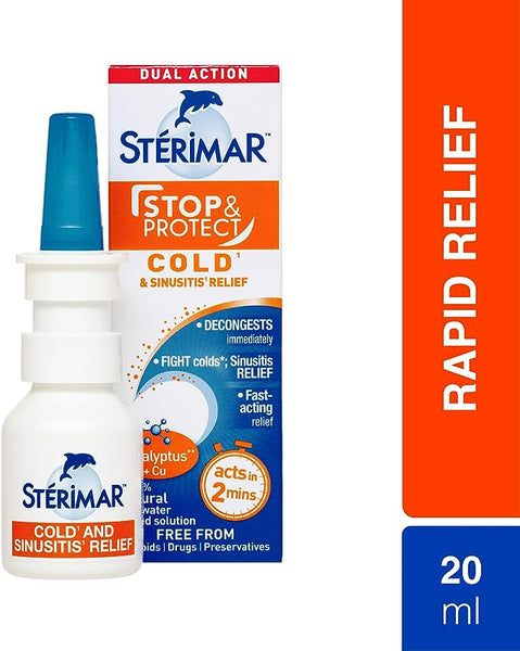 Image of a Sterimar Stop & Protect Cold & Sinus Relief Spray (20ml) bottle and box highlighting its dual action Stop & Protect, promising rapid sinusitis symptom relief and effectiveness in just 2 minutes. This preservative-free solution offers fast congestion relief.