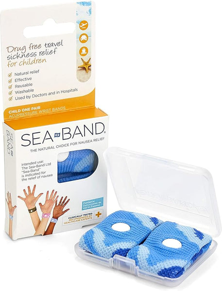 Sea-Band for Children showcases its drug-free, natural travel sickness relief with two blue wristbands featuring white pressure buttons, all neatly packed in a transparent case beside the box.