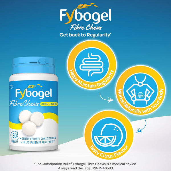 The image shows a container of Fybogel Chews 30s Citrus. Key benefits: Helps Maintain Regularity, Works Naturally with Your Body, and offers a Tasty Citrus Flavour. It supports digestive health as a medical device for constipation relief, packed with dietary fiber.