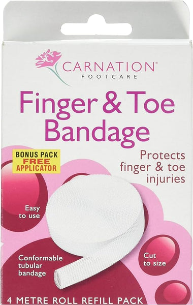 The Carnation Finger and Toe Bandage (4m Roll) packaging highlights it as a versatile protection solution, featuring a white tubular bandage image with text stating Protects finger & toe injuries. It includes a Bonus pack free applicator and allows for Cut to size convenience.