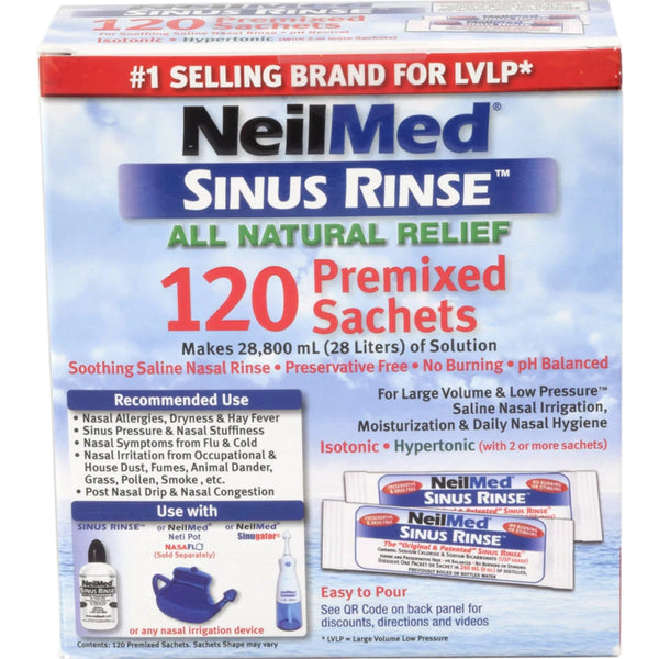 Neilmed Sinus Rinse - Premixed Sachets (120) by Neilmed offers all-natural nasal irrigation and allergy relief. Blue and red labels display uses and benefits. Box includes 120 sachets; product images provided.