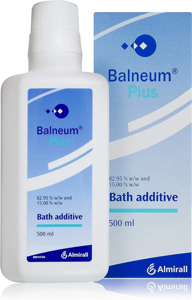 A white bottle labeled Balneum Plus Bath Additive (500ml) stands next to its matching blue and white box. The Balneum product, ideal for eczema and itchy dry skin, is manufactured by Almirall and contains 82.95% w/w and 15.00% w/w compositions.