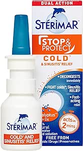 The Sterimar Stop & Protect Cold & Sinus Relief Spray (20ml) features vibrant packaging with a blue dolphin logo, offering fast-acting decongestion and effective relief from cold and sinusitis symptoms in just 2 minutes.