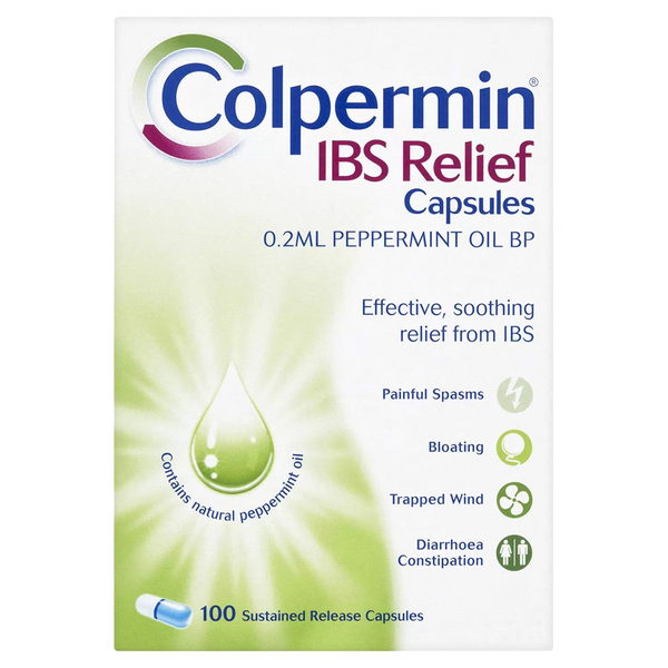 Colpermin IBS Relief (20s) by Colpermin contains peppermint oil for soothing IBS symptoms like painful spasms, bloating, trapped wind, diarrhea, and constipation with 100 sustained-release capsules for effective management.