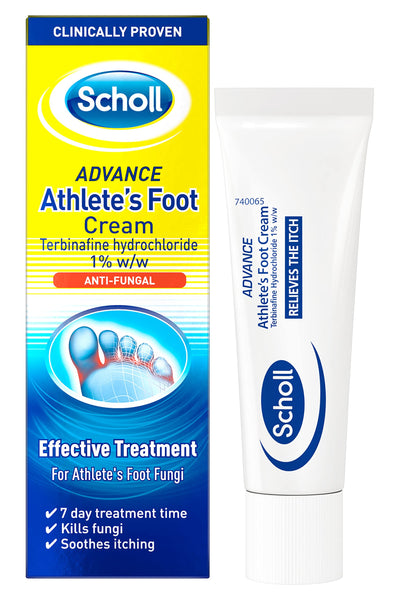 The image shows a box and tube of Scholl Advance Athletes Foot Cream (15g), highlighting its active ingredient, Terbinafine hydrochloride 1% w/w, for relieving itching and eradicating fungi in 7 days. The sleek white tube features distinct blue branding from Scholl.