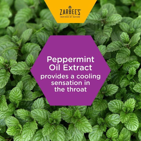 A hexagonal text overlay reads Peppermint Oil Extract provides a cooling sensation in the throat over green peppermint leaves, with a yellow banner featuring Zarbees logo, emphasizing their honey-based formula in the Zarbees Cooling Throat and Immune Support Lozenges (24s) for optimal immune support.